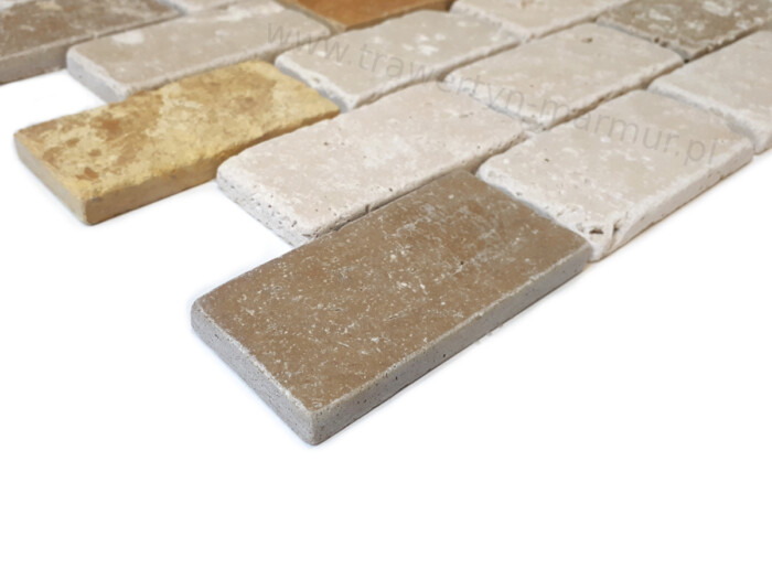 Mozaika trawertynowa Ivory + Noce + Yellow Tumbled 5cm x 10cm - obrazek 2